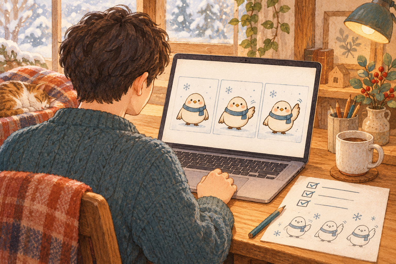 机に向かい、鳥のキャラクターの動きを一コマずつ確認する人のイラスト