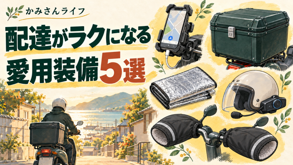 配達がラクになる愛用装備5選。スマホホルダーなど配達装備のイメージイラスト