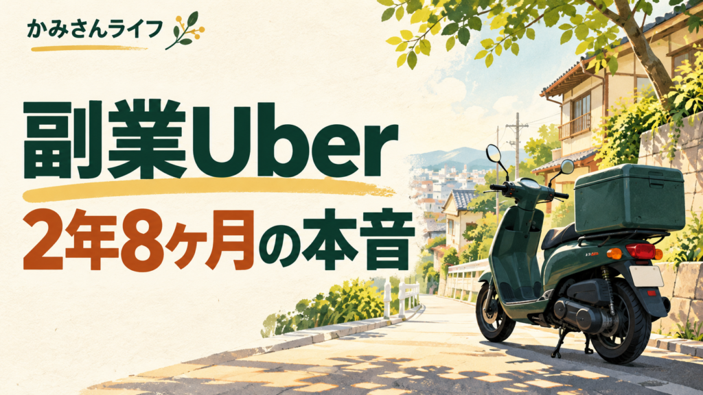 副業Uber、2年8ヶ月の本音。配達用バイクを描いたイメージイラスト
