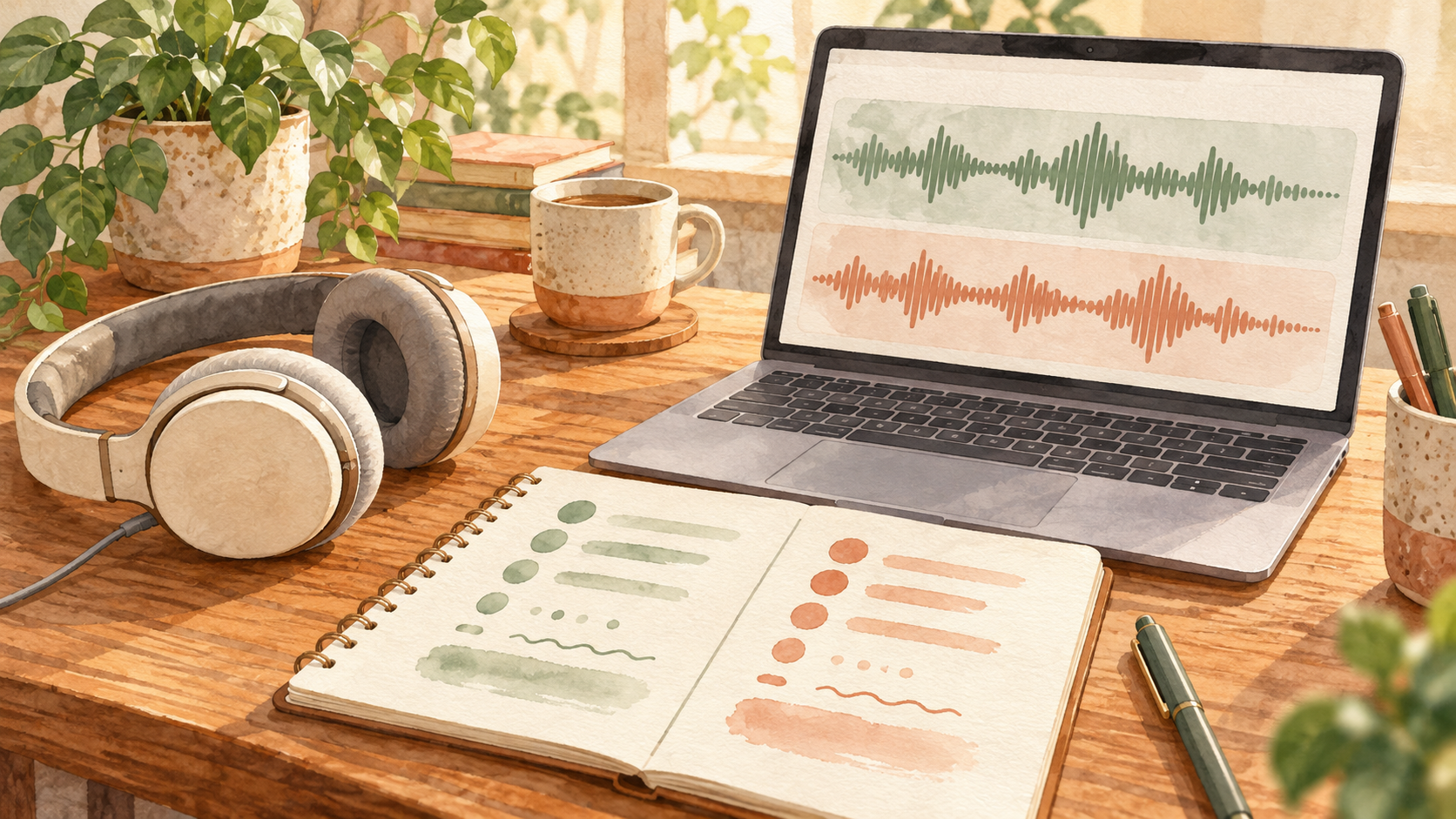 2つの音楽候補の波形を表示したパソコンと、ヘッドホン、比較用のノートが置かれた机のイラスト
