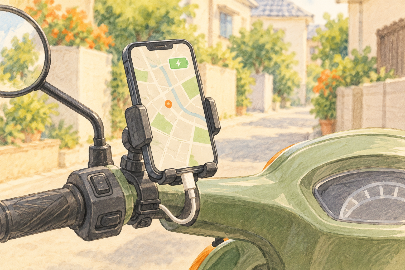停車したスクーターのハンドルに取り付けたスマホ充電ホルダーのイラスト